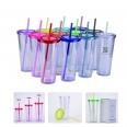 32oz Plastic Double Wall Cup Transparent Water Tumbler with Lid and Straw