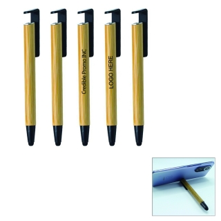 Bamboo Ballpoint Pen With Phone Holder Touch Stylus Tip