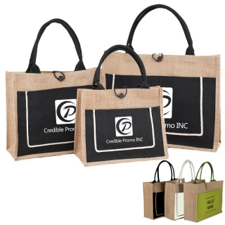 Two Tone Cotton Pocket Jute Tote Bag With Large Size W18