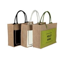 Two Tone Cotton Pocket Jute Tote Bag With Medium Size W13.7