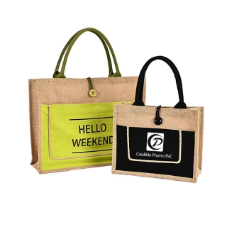 Two Tone Cotton Pocket Jute Tote Bag With Small Size W11.8