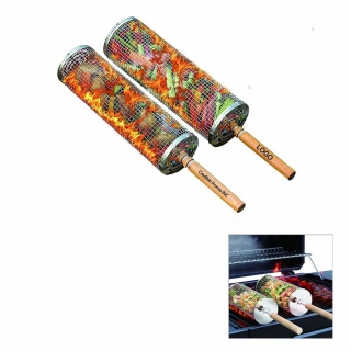 Rolling Grill Basket With Removable Wooden Handle