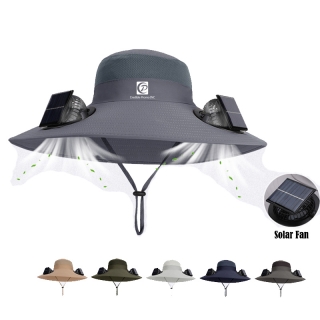 Dual Solar Fan Cooling Hat Outdoor Wide Brim Bucket Hat