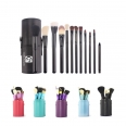 12Pcs Wood Handle Makeup Brush Set with Leather Cup Holder