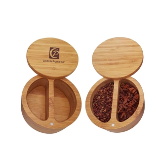 CPES0304 Two Compartments Round Bamboo Salt Keeper with Magnetic Swivel Lid-1