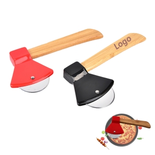 Axe Type Pizza Cutter with Bamboo Handle and Sharp Rotating Blade