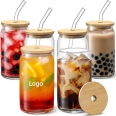 16oz Drinking Glasses with Bamboo Lids and Glass Straw