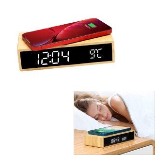 Wooden Digital Alarm Clock Wireless Charging