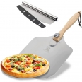 Metal Pizza Peel with Foldable Wood Handle & Rocker Cutter