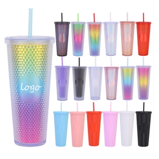 24 Oz Double Wall Colorful Studded Tumbler with Lid and Straw