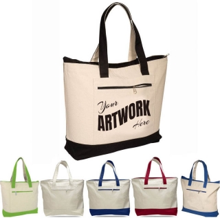 Zipper Closure Two Tones 12 OZ Canvas Boat Tote Bag With Front Pocket